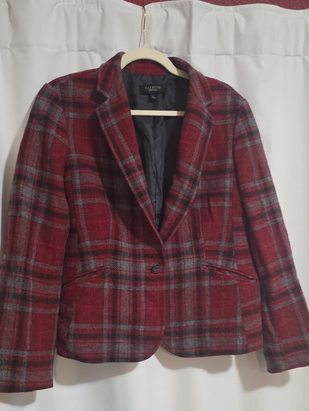 Talbots Red and Gray Plaid Wool-Blend Blazer
